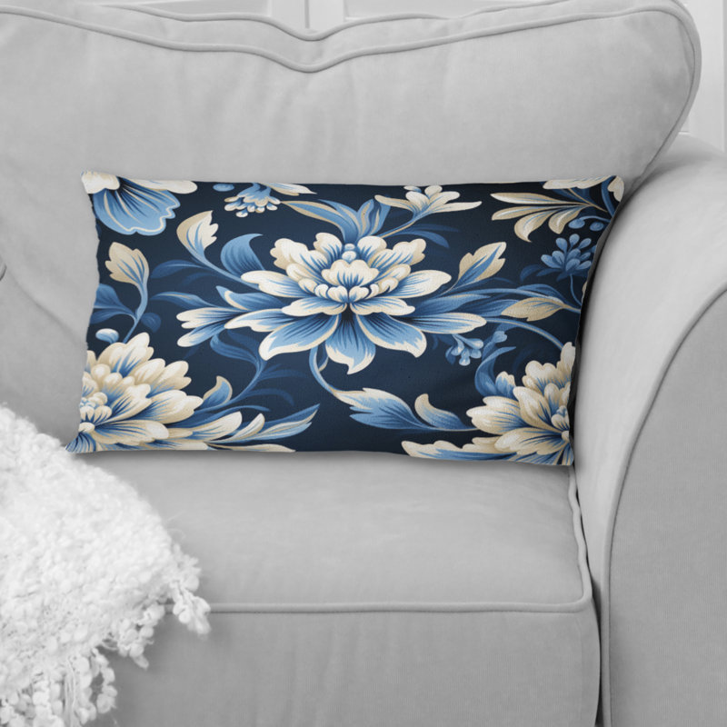 Coussin décoratif blanc et bleu à motif damassé symétrique