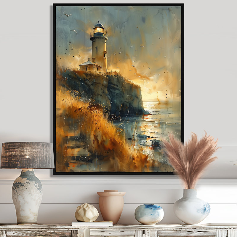 Gris, gris, orage, phare, falaise, été, phare, art mural, salon, Cadre flottant noir, H 34 po x l 44 po