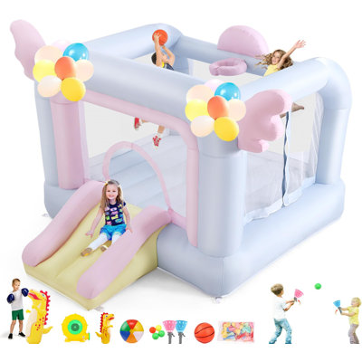 Inflatable Bounce House For Toddler Kids 2-8 With Slide, Balloons, Catch Ball Set, Punching Bag, Beach Ball, Basketball, 106 X 85 X 80 Princess Jumping House For Indoor Outdoor Birthday Party Gifts