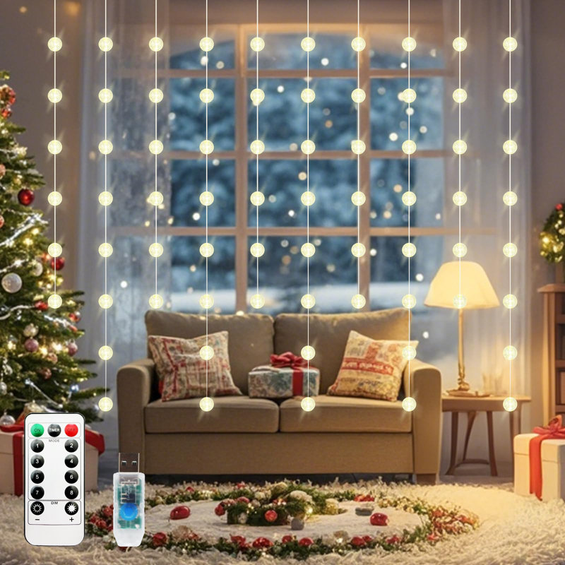Ball Curtain Lights, Warm White Window Light 70 Balls Hanging Lights With Remote Fairy Led Twinkle String Light Home Bedroom Wall Ceiling Décor For Christmas, Wedding, Party, Birthday