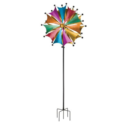 Yaelis Metal Outdoor Garden Wind Spinner with Powder Coated Finish and Five Prong Ground Stake