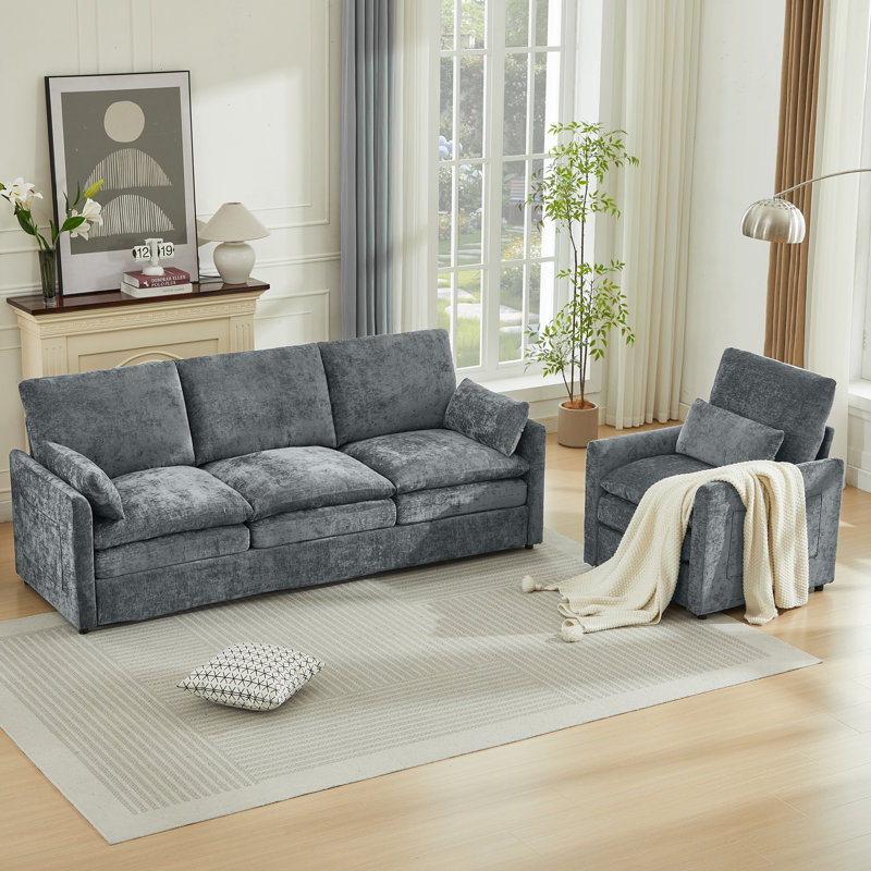  Ensemble de canapé de salon 2 pièces en chenille moderne, Gris