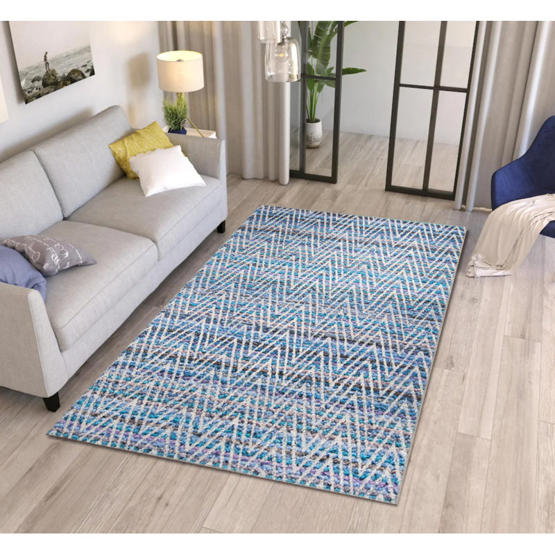 Tapis décoratif à chevrons bleus rétro, Rectangle 3 pi 10 po x 5 pi 3 po