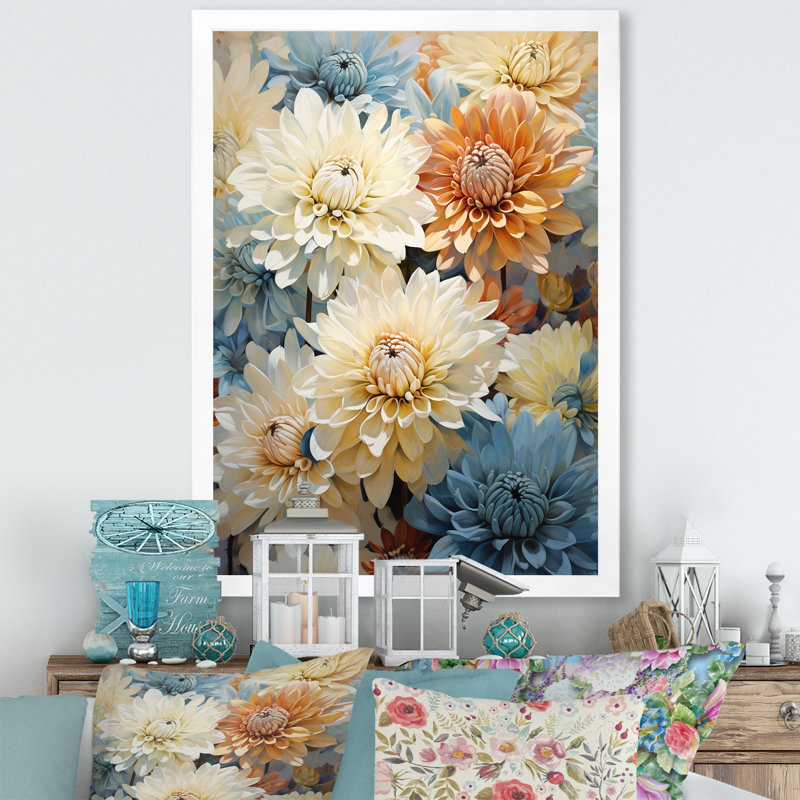 Blooming Mums, peinture en beige et bleu III sur toile, Cadre simple blanc, H 32 po x l 16 po x P 1 po