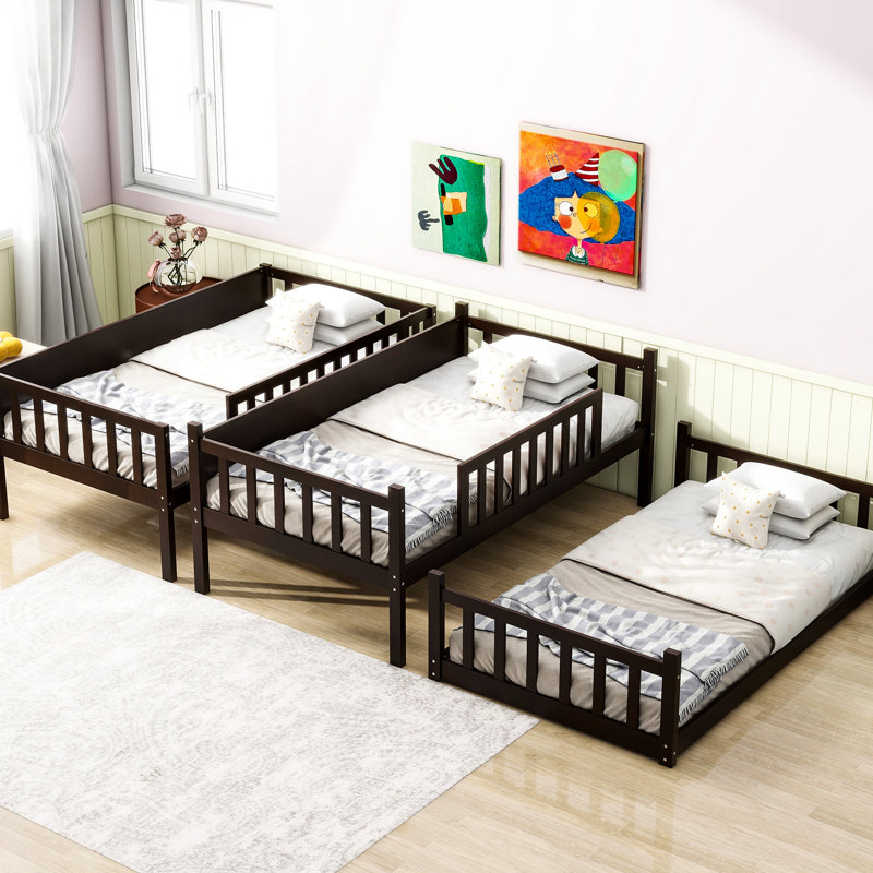 Lit superposé triple, simple au-dessus d'un lit simple, en bois d'hévéa, détachable, avec échelles pour lit scandinave, garde-corps et échelles amovibles, bois