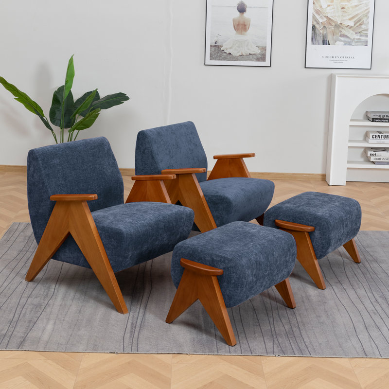 Upholstered Chenille With Footstool Armchair, Blue, 2