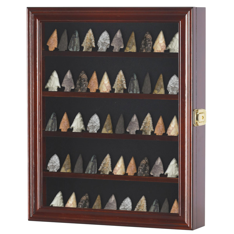 Arrowhead Display Case Native American Shadow Box Wall Mount Cabinet With UV Protection For Agate Opal Stone Arrowheads Spear Points (Mahogany Finish)