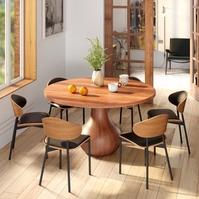 Mid-Century Modern 3/5/7-Pieces Solid Wood Dining Set – Thick Round Table Top 47"/53"/59" With Onion-Shaped Base And 4/6/8 Upholstered Chairs Black/White