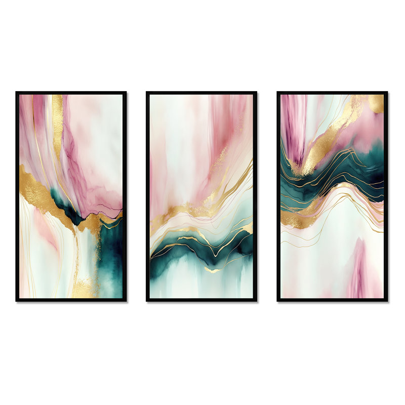 Ensemble d'art sur toile 3 pièces - Géode abstraite rose et marbre vert, Noir, H 32 po x l 48 po