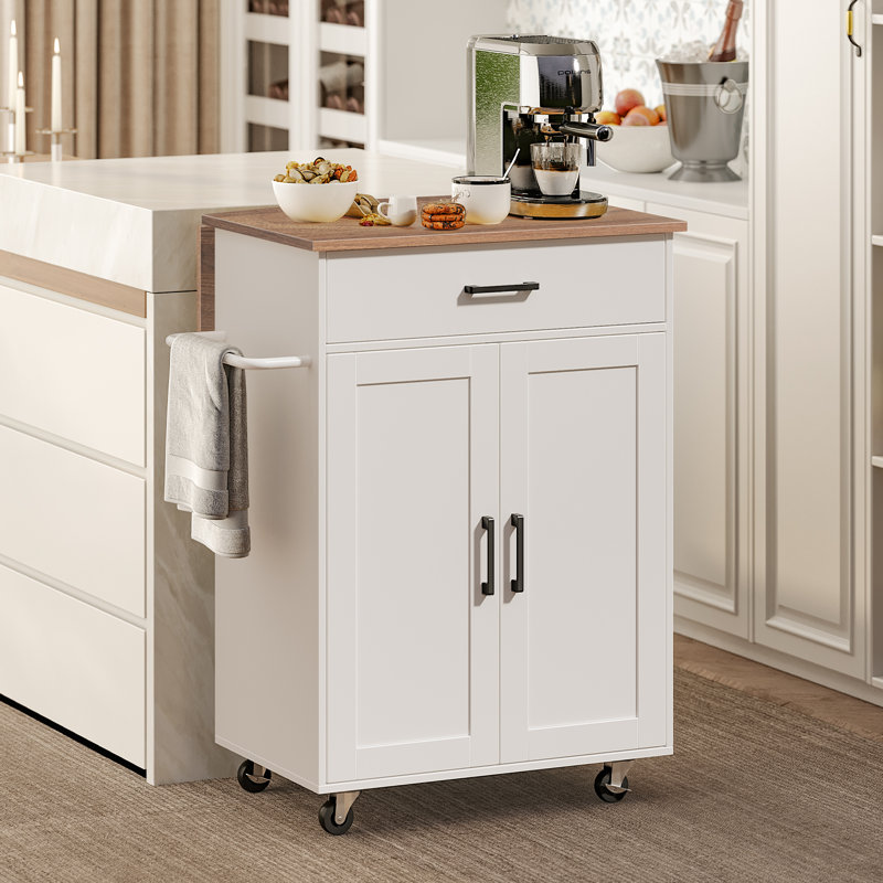 Chariot pour îlot de cuisine avec rangement et abattant 33,3 po Insken, Blanc / Brun