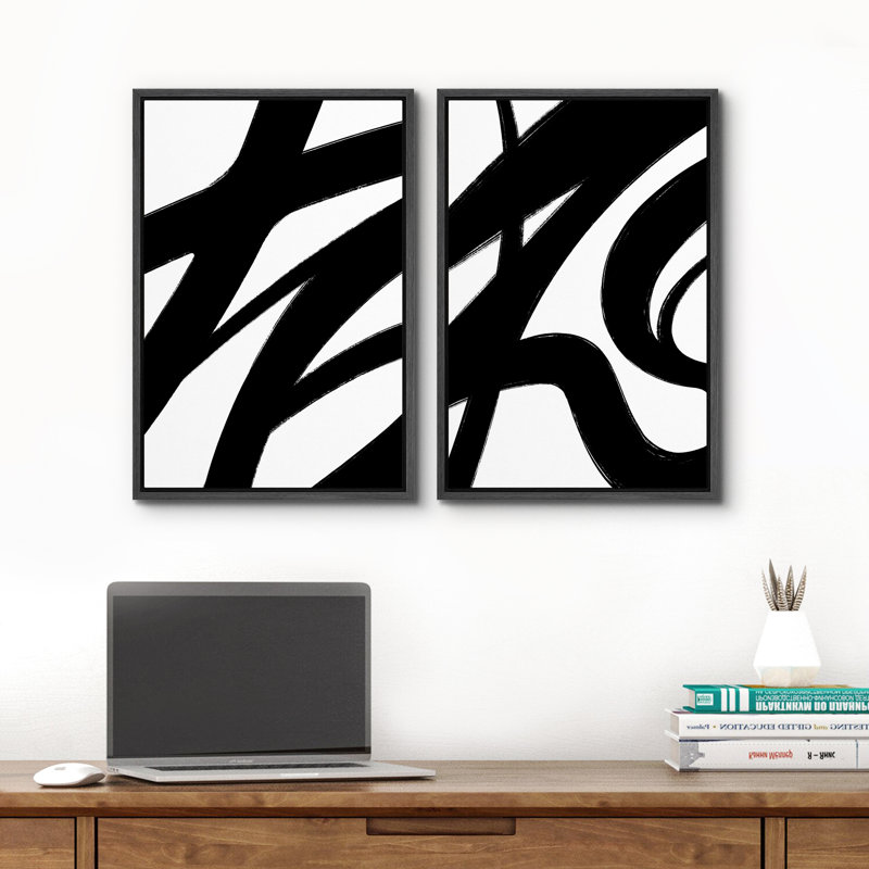 Illustration en noir et blanc de coups de peinture minimalistes, œuvre d'art moderne, Noir, H 36 po x l 24 po