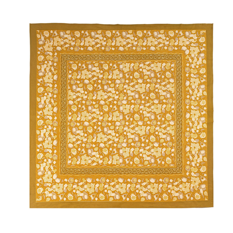 Forest Harvest Handmade Floral Tablecloth, Mustard/Gray, 71" x 71"