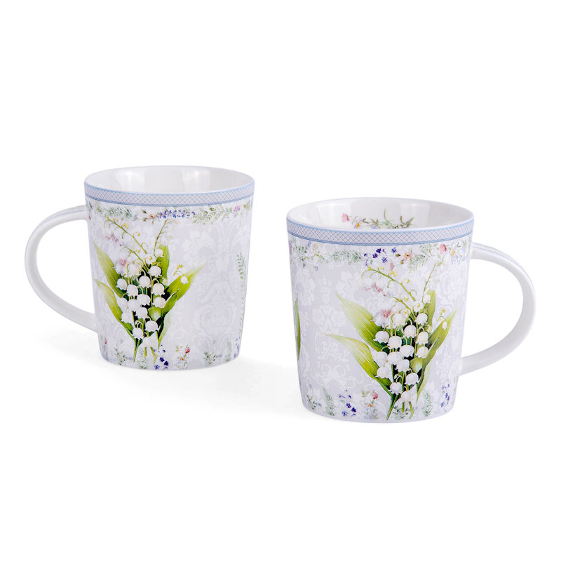 Lily of the Valley White Ceramic Floral Mug Set