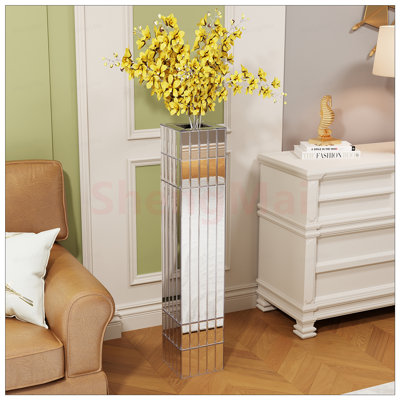 Tall Mirrored Floor Vase for Home Decor, Large Cube Design in Silver,  for Dried Flowers and Modern Interiors