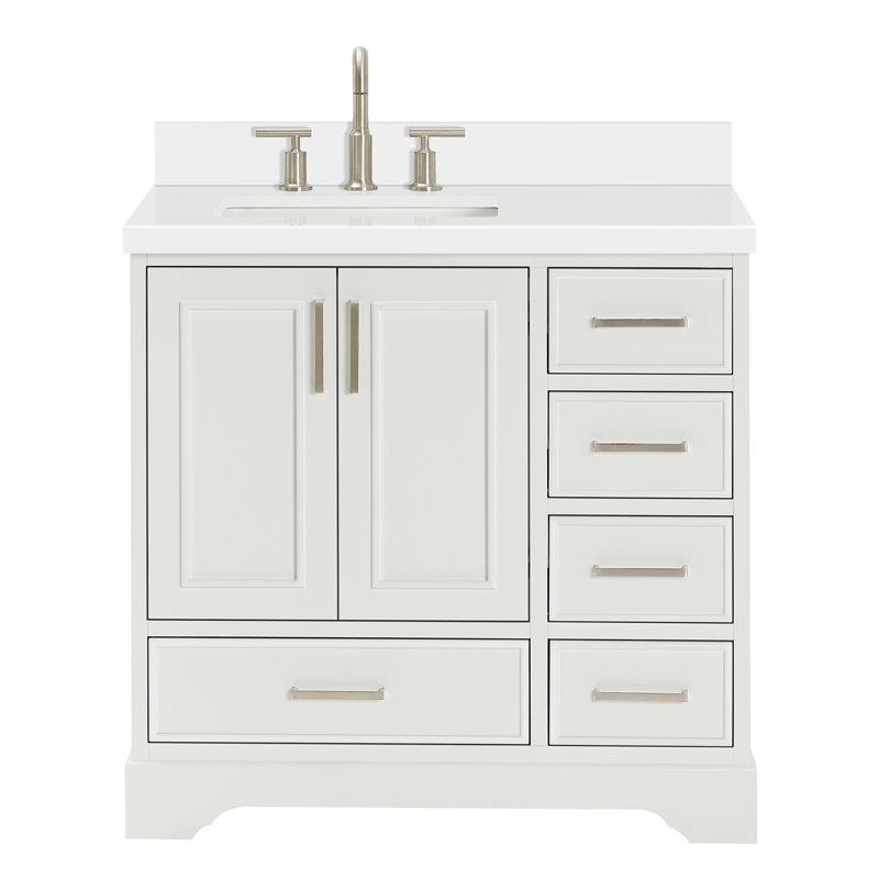 37'' Single Bathroom Vanity with White Quartz Top, White