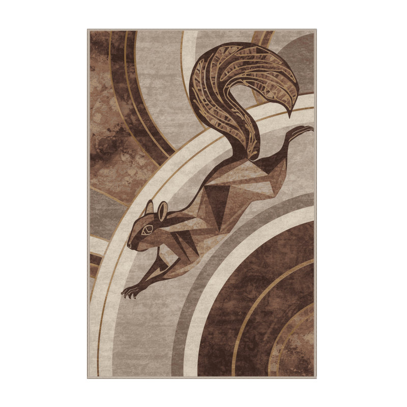 Machine Washable Pavli Squirrel Art Deco Arc Rug in Beige – Beige Binding, 8x10