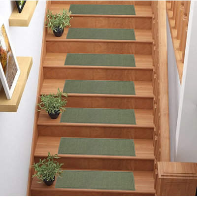 Slip Resistant Machine Washable Solid Green Low Pile Stair Tread