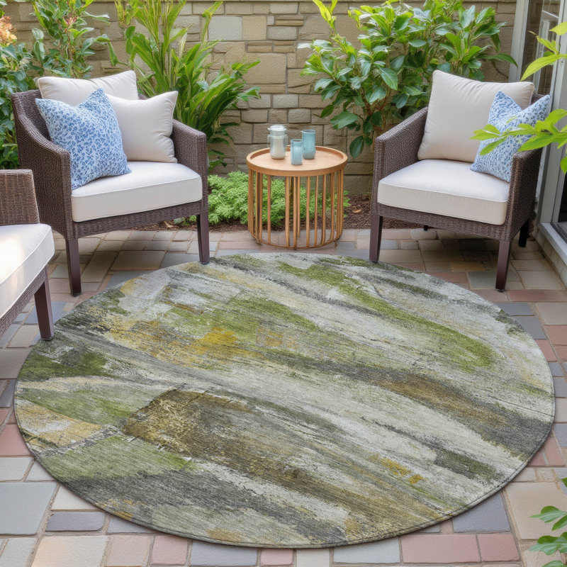 Machine Washable Indoor/Outdoor Xhevrie Olive Rug, Round 8'