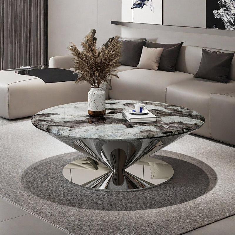 Table basse ronde en acier inoxydable de luxe en pierre, H 13,8 po x L 31,5 po x l 31,5 po
