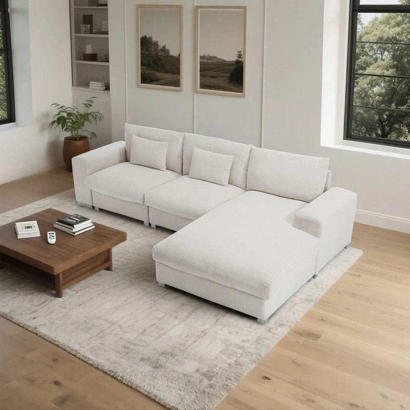 Canapé modulaire en L avec méridienne large, White Polyester