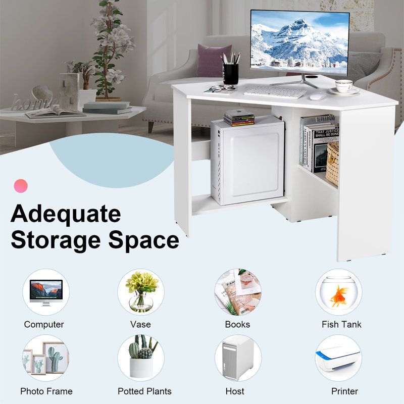 White Compact Corner Computer Desk with Storage Shelves