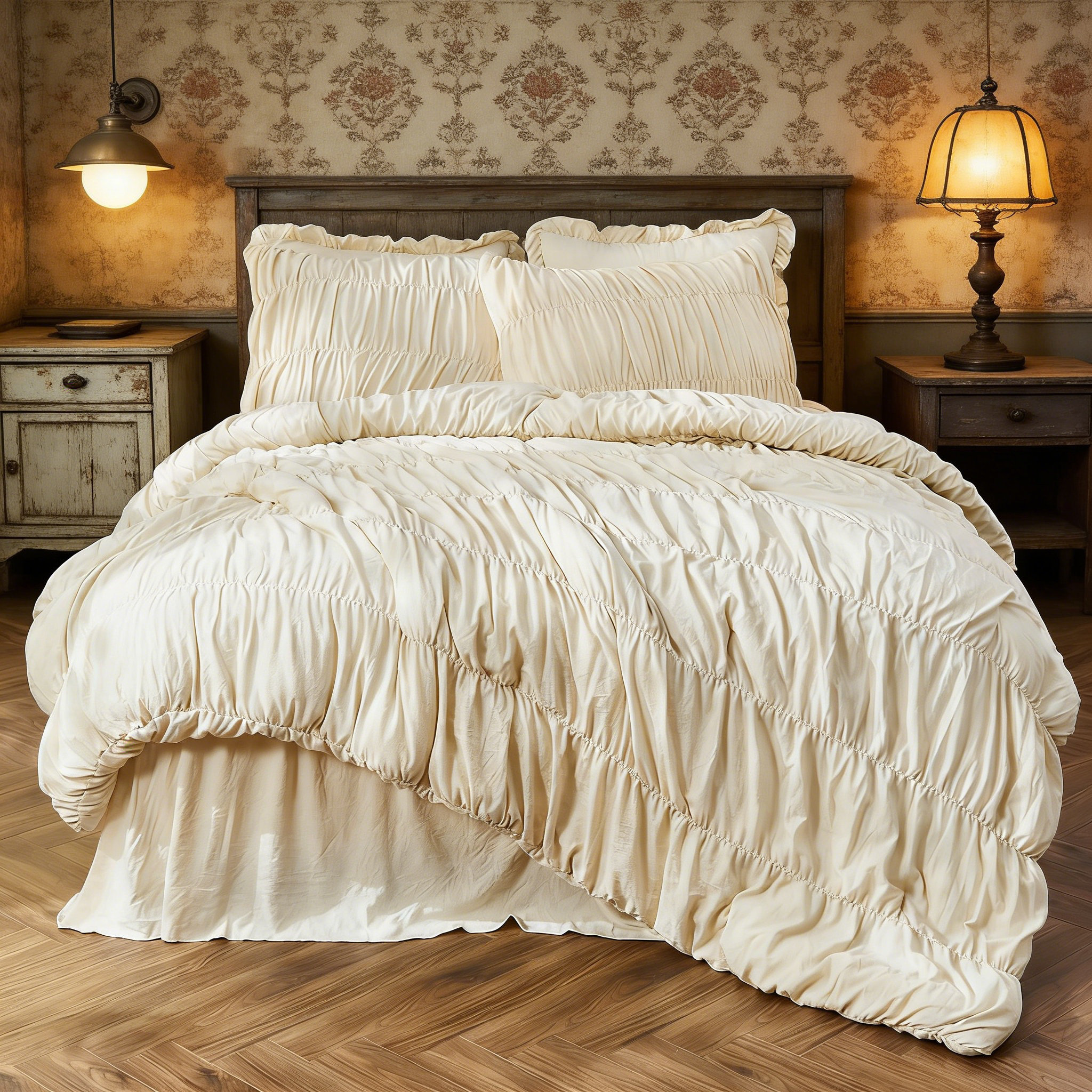 Comforter Set - Ruched Comforter Bed Set Boho Shabby Chic Bedding For Bedroom - Queen Comforter + 2 Shams