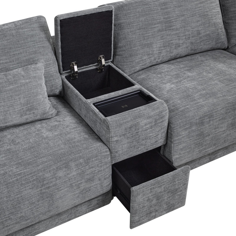 Canapé modulaire en chenille 5 pièces avec console et repose-pieds Epiphany, Gris chenille