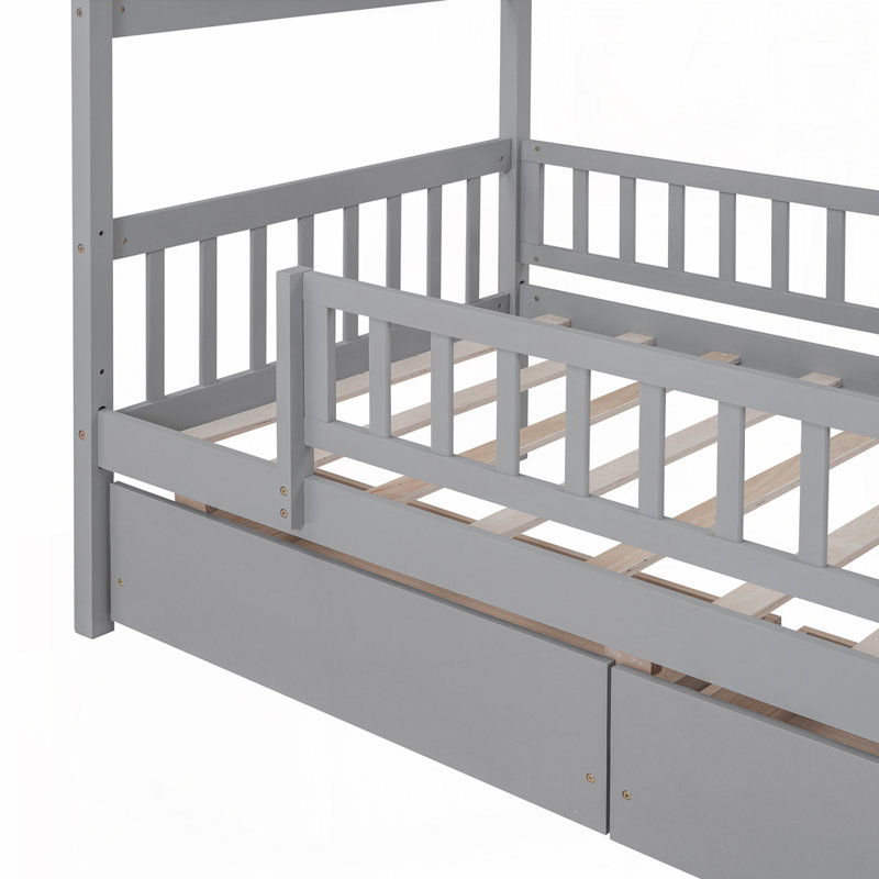 Lit en bois avec deux tiroirs, gris, Simple