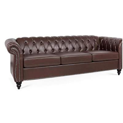 84.65" Deep Brown PU Padded Arm Chesterfield Three-Seater Sofa.