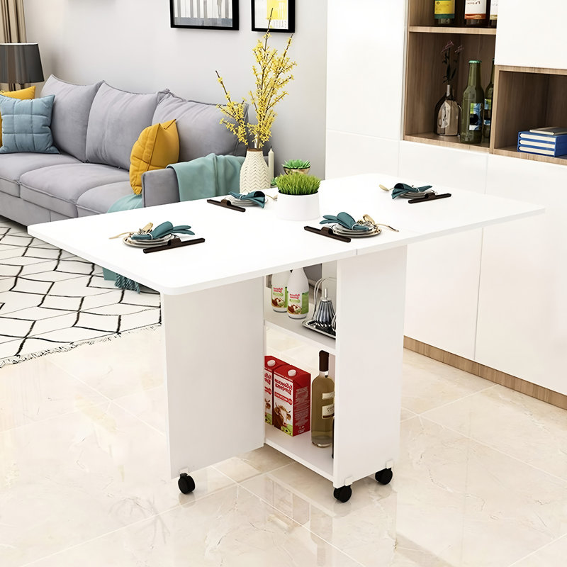 Table de salle à manger pliante profonde de 47,2 pouces avec 6 tablettes de rangement freinées et 2 tablettes de couleur blanche, idéale pour les petits espaces