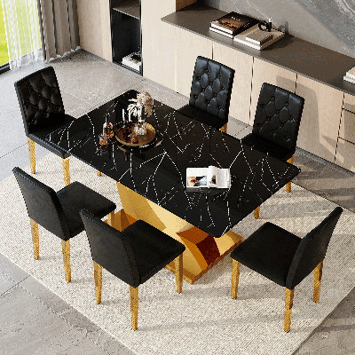 Black Dining Table Set For 6, 71" Dining Table Set With Chrome Plate U-Shaped Leg, Modern Kitchen Table And Chairs Set Of 6 For Dinner Room,High Glossy,Sturdy Structure