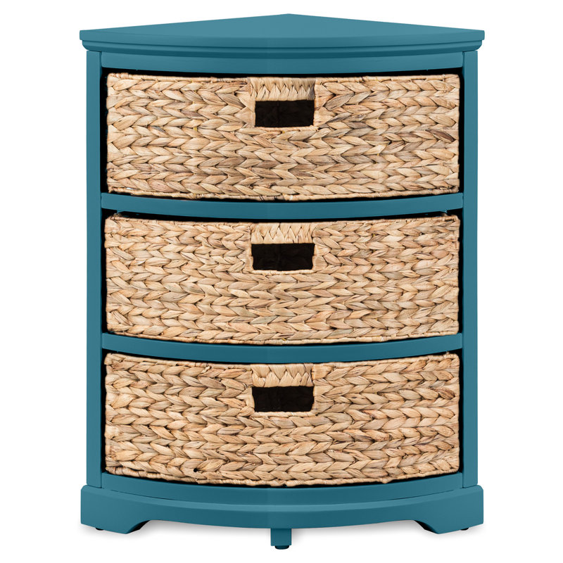 Breunig Solid Wood 3 Drawer X-Side Corner Storage Drawer with 3 Wicker Baskets, Teal, Teal