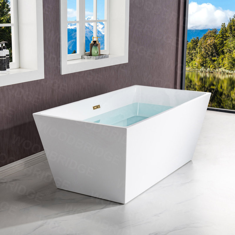 Baignoire de trempage rectangulaire autoportante en acrylique 59 po. X 29,5 po., Blanc/or brossé