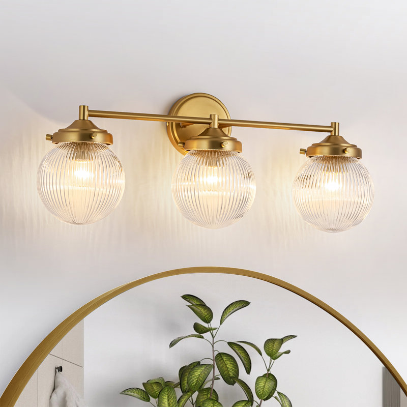 Markeice 3-Light Dimmable Sphere Globe Ribbed Glass Bathroom Vanity Light, Gold
