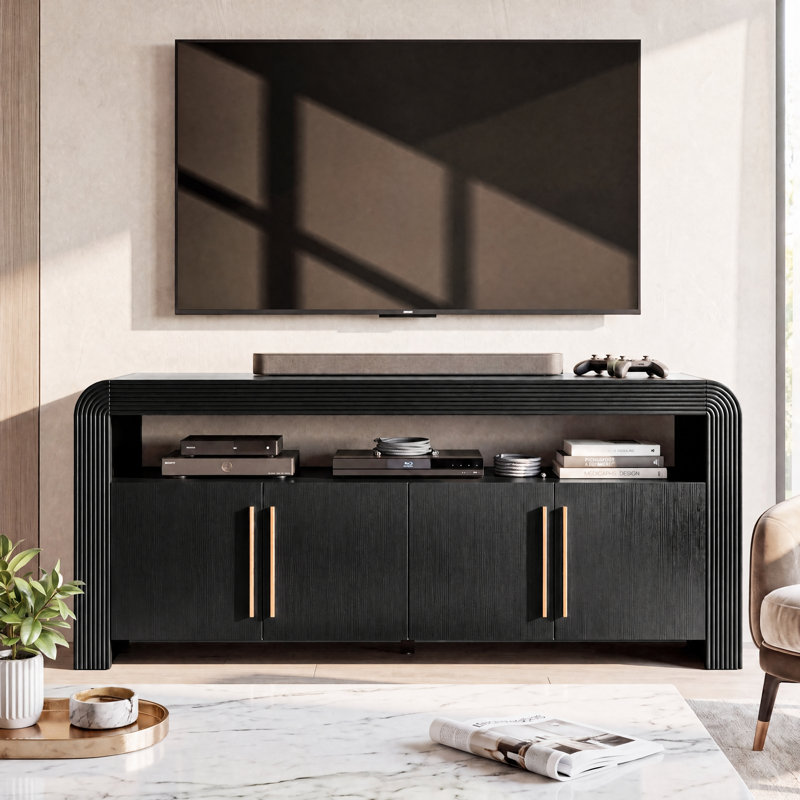 Meuble télé Mid-Century pour téléviseur de 80 po ou moins, profil incurvé avec armoires de rangement, noir