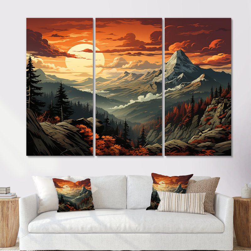 «Yellow Lakeside Mountain Sunset Wonderland III», art mural forêt et rivière, Toile tendue, H 40 po x l 61 po x P 1 po