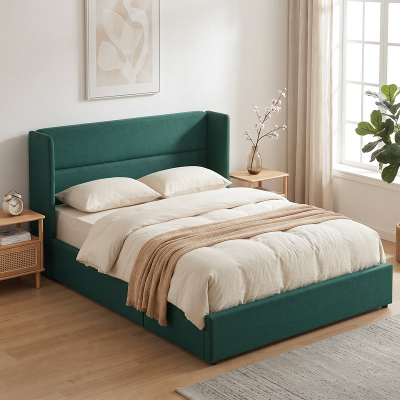 Structure de lit tapissier Annek avec rangement relevable, tête de lit à oreilles de H 40,9 po, lattes de bois et structure en métal, plusieurs tailles et options de tissu disponibles