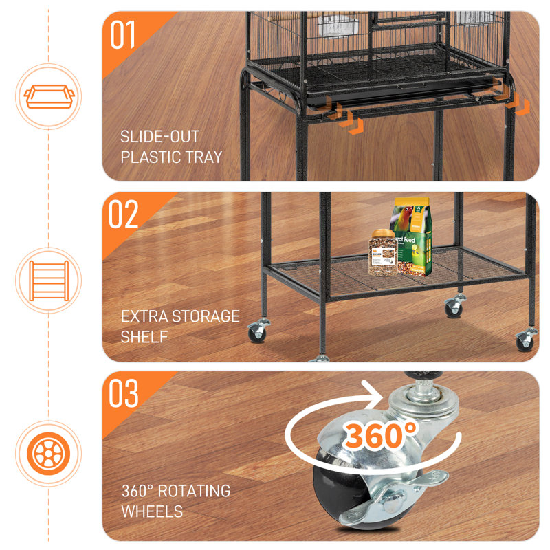 53" Black Iron Flight Bird Cage with Rolling Stand and Storage Shelf
