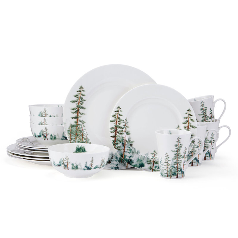 Watercolor Forest White Porcelain 16-Piece Dinnerware Set, Service for 4