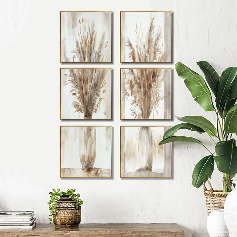 Beige blanc Boho plante chic - ensemble de 6 impressions sur toile plumes bohème, Impression encadrée sans passe-partout