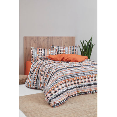Ensemble de housse de couette luxueuse 100% coton Ranforce, orange et bleu foncé | Housse de couette 86,6 po x 86,6 po, taie d'oreiller 17,7 po x 61,0 po | 145 fils, lavable à la machine, fermeture à boutons et enveloppes, élégant et confortable