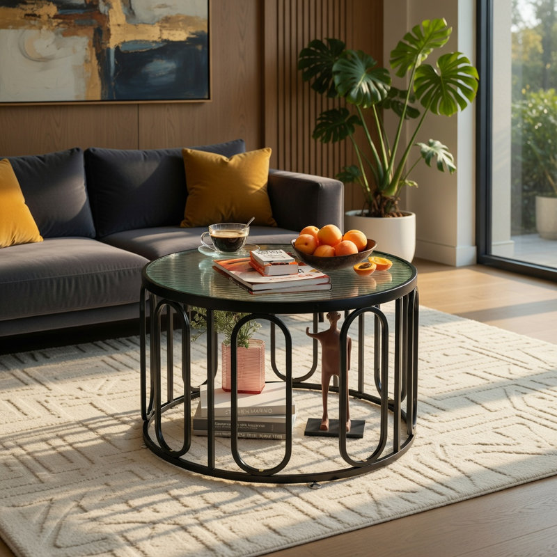 Table basse Hommoo 24 po avec plateau en verre trempé Reeded, structure en métal, table de salon à 2 niveaux avec pieds réglables, noir et transparent Hommoo