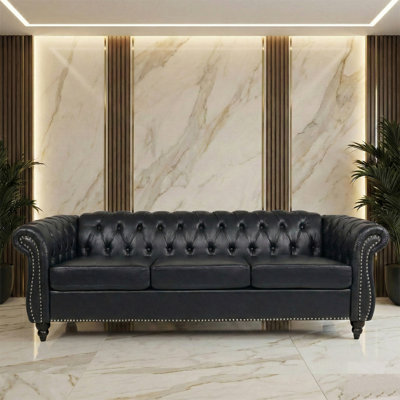 Classic Chesterfield PU Leather Sofa with Tufted Back, Rolled Arms & Nailhead Trim