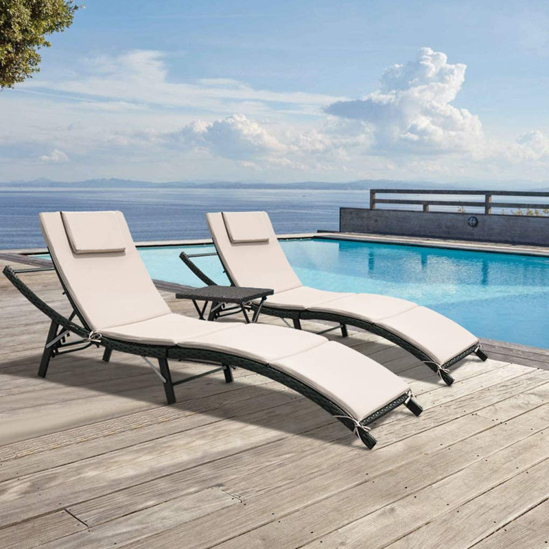 Ensemble de chaises longues d'extérieur réglables pour patio 3 pièces, Beige