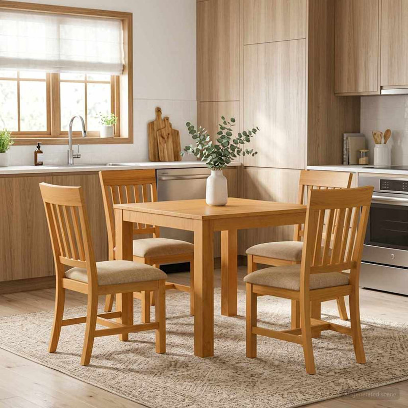 Oak Solid Wood Dining Set, Beige, 5