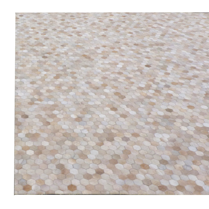 Mosaic Leather Cowhide Geometric Area Rug in Light Beige, Rectangle 11'6" x 14'6"