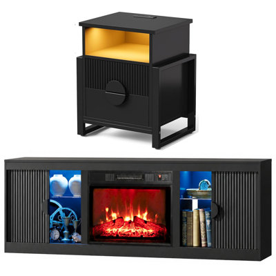 Living Room Set Of 70" Fluted Fireplace Tv Stand And End Table With Charging Station,black