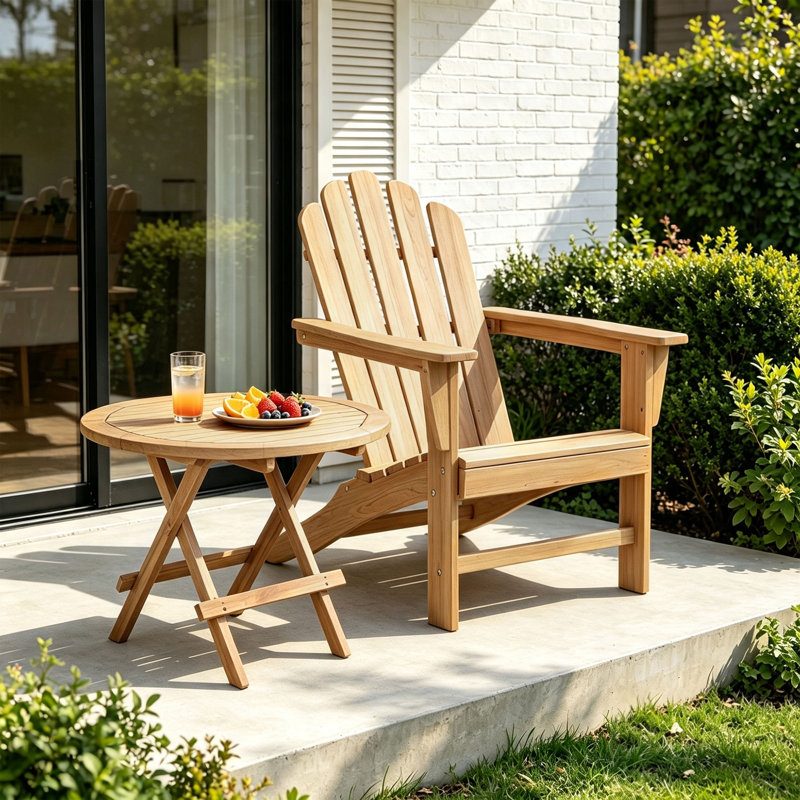Chaslynn Grade A Teak Adirondack Chair with Teak Folding Table, 1 Round Table + 1 Chair
