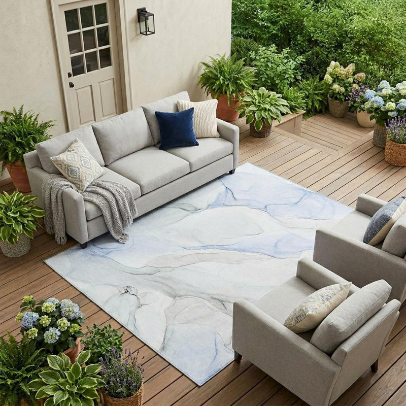 10' X 14' Ivory Blue and Grey Abstract Washable Non Skid Indoor Outdoor Area Rug