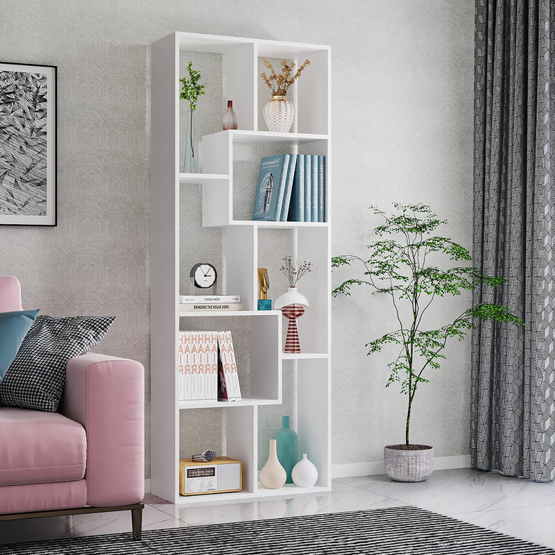 Asymmetrical Display Shelf & Bookcase, 5-Tier, White, White